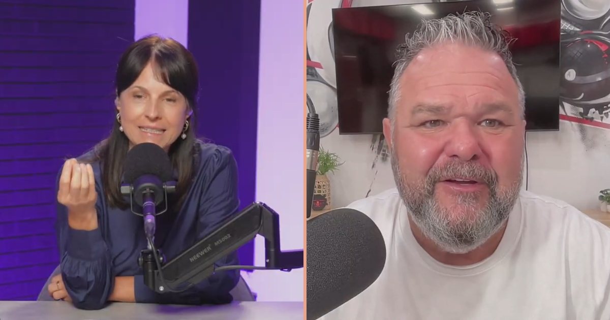 Geneviève Gagné au micro du studio et Robert Savoie en conversation pendant l'épisode 1 de Pod'Excuse