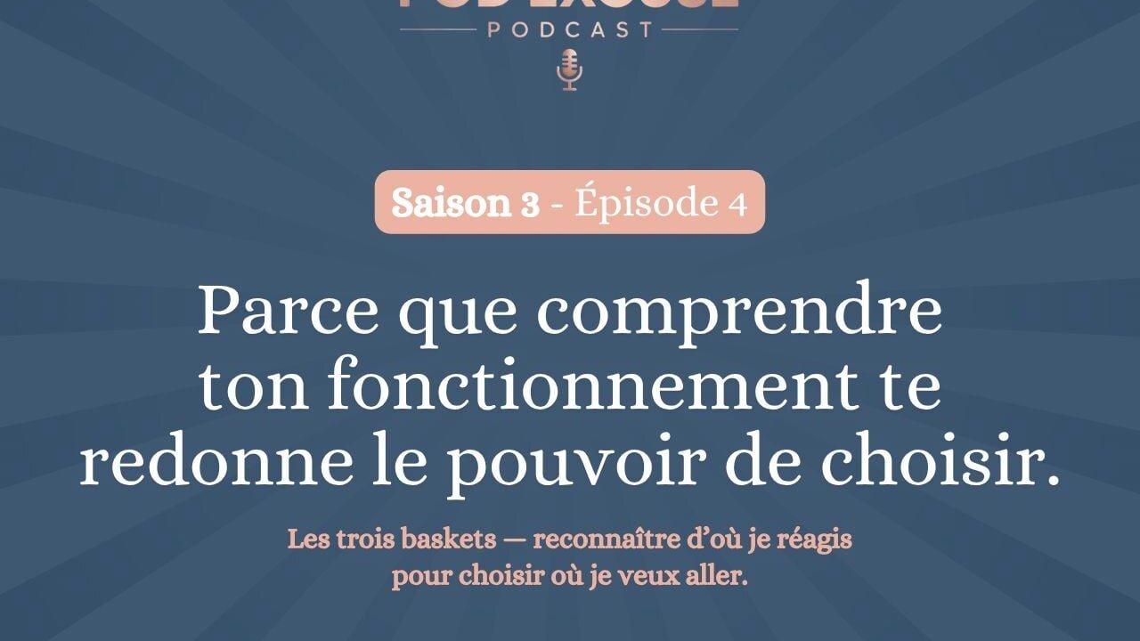 Visuel de l’épisode 4 de Pod’Excuse : Parce que comprendre ton fonctionnement te redonne le pouvoir de choisir — les trois baskets